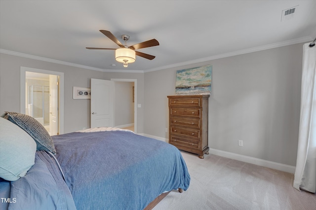 bedroom with visible vents, baseboards, light colored carpet, and crown molding