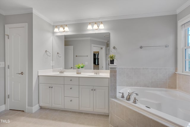 bathroom featuring double vanity, a bath, crown molding, and tile patterned flooring