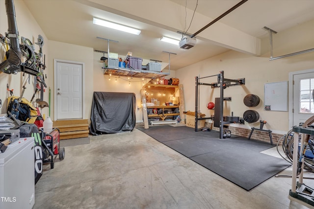 workout area featuring a garage