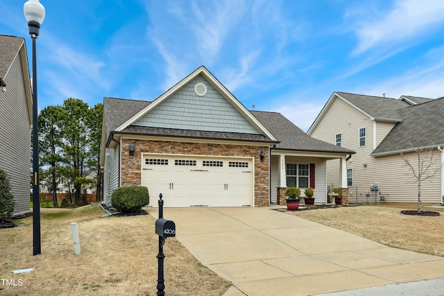 craftsman house with stone siding, driveway, a garage, and roof with shingles