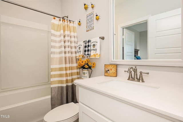 full bathroom featuring vanity, toilet, and shower / bathtub combination with curtain