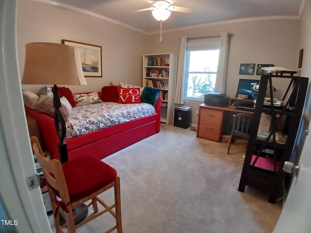 bedroom featuring light colored carpet and crown molding