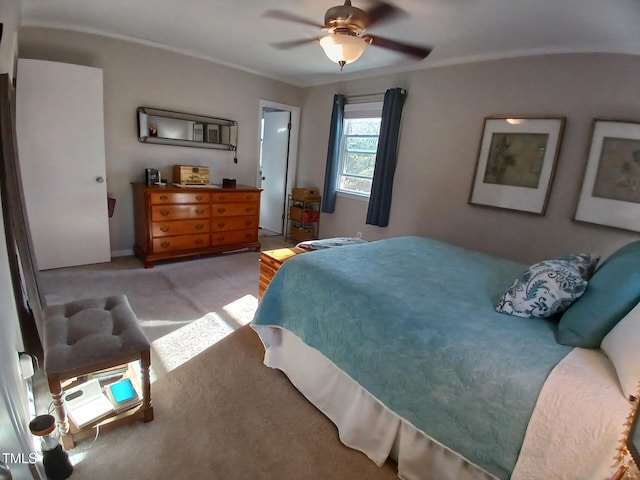 bedroom with ceiling fan, carpet, and ornamental molding