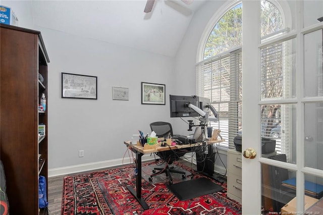 office with lofted ceiling, wood finished floors, a healthy amount of sunlight, and baseboards