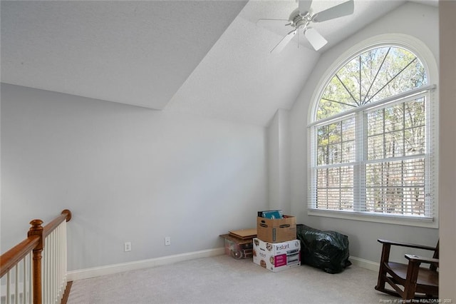 additional living space with baseboards, lofted ceiling, carpet, and a healthy amount of sunlight