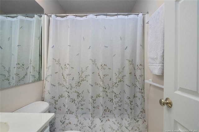 bathroom featuring toilet, curtained shower, and vanity