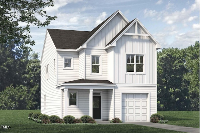 modern inspired farmhouse featuring a garage, board and batten siding, a front lawn, and a shingled roof