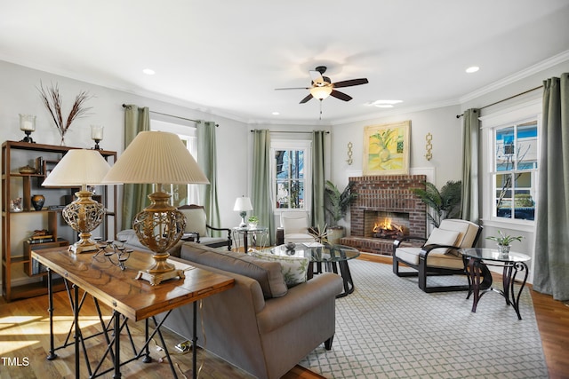 living area featuring a wealth of natural light, a fireplace, crown molding, and wood finished floors