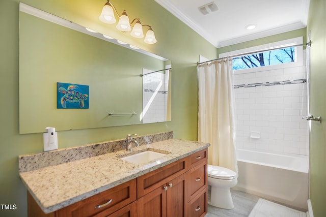 full bath featuring vanity, visible vents, ornamental molding, shower / bath combination with curtain, and toilet