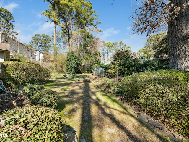 view of yard featuring an outdoor structure and a greenhouse