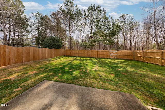 view of yard featuring a patio, a fenced backyard, and a gate