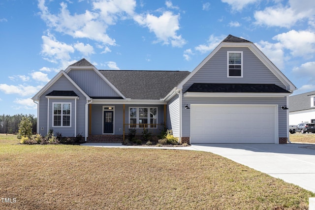 view of front of home featuring driveway, a front lawn, a porch, a shingled roof, and a garage