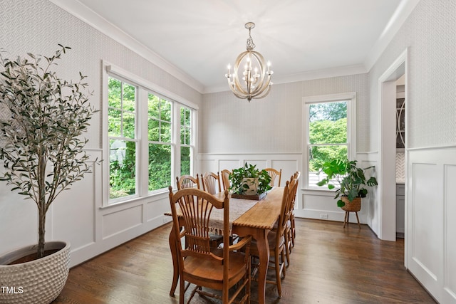 3337 Cheswick Dr, Raleigh, NC 27609 - dining area with a decorative wall, crown molding, a chandelier, healthy amount of natural light, and dark wood-style floors