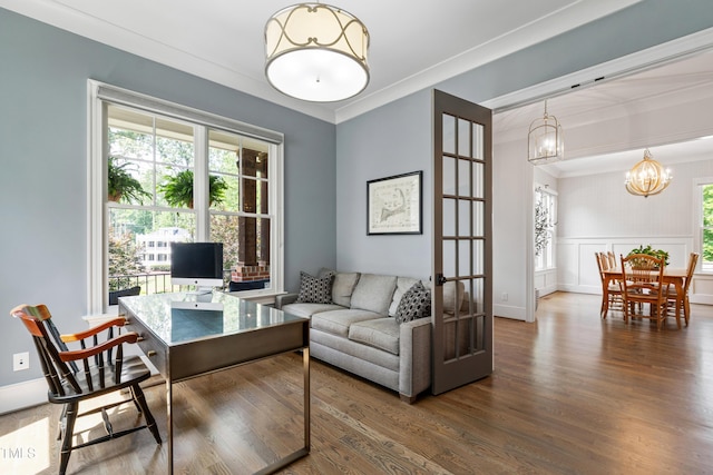3337 Cheswick Dr, Raleigh, NC 27609 - office space featuring wood finished floors, a chandelier, crown molding, and french doors