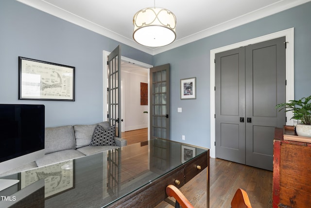 3337 Cheswick Dr, Raleigh, NC 27609 - living room with french doors, wood finished floors, and ornamental molding