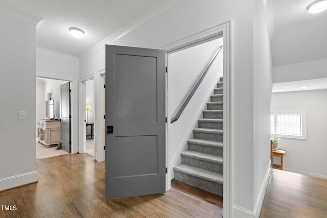 3337 Cheswick Dr, Raleigh, NC 27609 - stairway featuring wood finished floors and ornamental molding