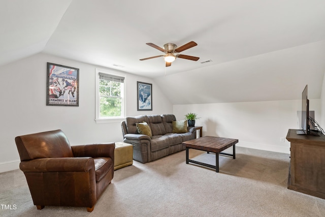 3337 Cheswick Dr, Raleigh, NC 27609 - carpeted living area with vaulted ceiling and a ceiling fan
