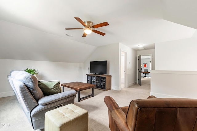 3337 Cheswick Dr, Raleigh, NC 27609 - living room featuring light colored carpet, a ceiling fan, and vaulted ceiling