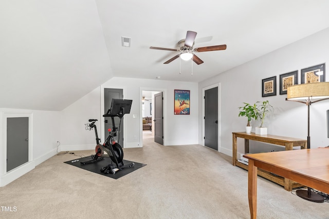3337 Cheswick Dr, Raleigh, NC 27609 - exercise room with ceiling fan, light colored carpet, and lofted ceiling