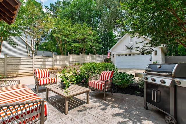 3337 Cheswick Dr, Raleigh, NC 27609 - fenced backyard featuring an outdoor living space, an outbuilding, a garage, a patio, and area for grilling
