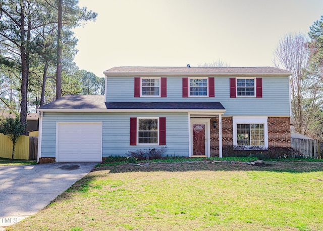 view of front facade featuring fence, concrete driveway, a front lawn, a garage, and brick siding