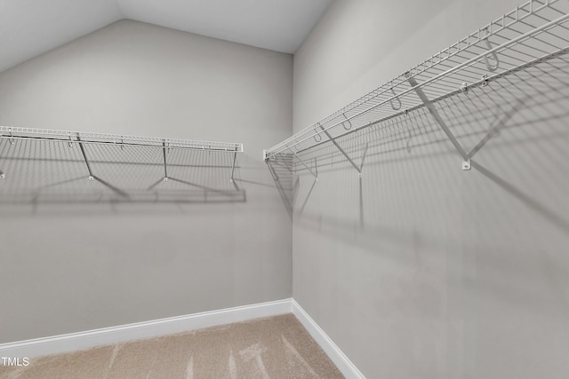 walk in closet featuring carpet floors and vaulted ceiling