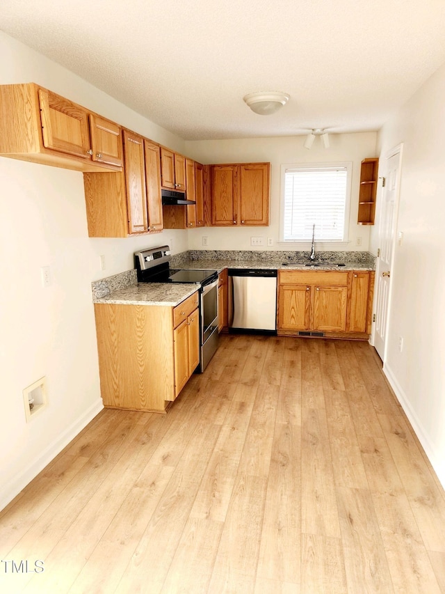 kitchen featuring a sink, light wood-style flooring, under cabinet range hood, and stainless steel appliances