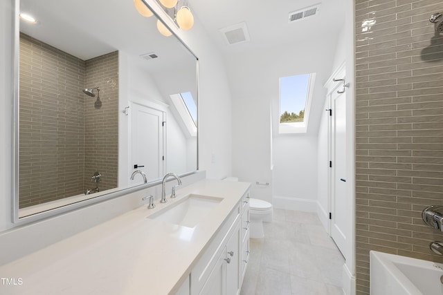 bathroom with vanity, shower / tub combination, toilet, and visible vents