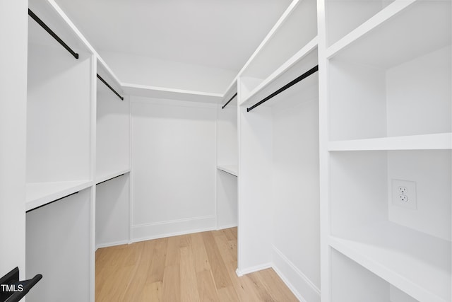 walk in closet with light wood-type flooring and a barn door