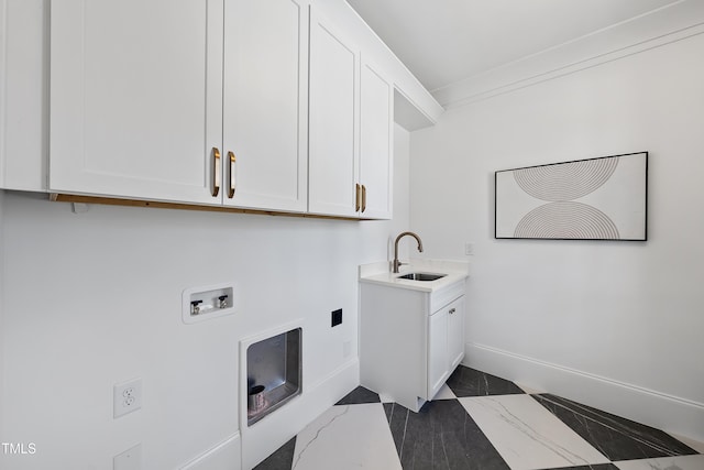 clothes washing area featuring hookup for a washing machine, baseboards, cabinet space, a sink, and marble finish floor