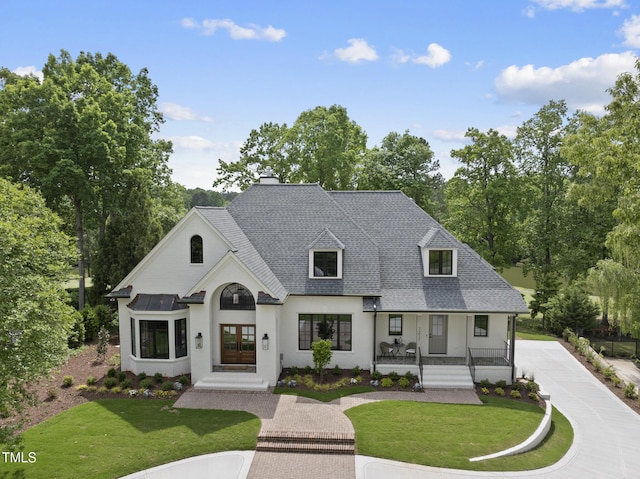 7217 Manor Oaks Dr, Raleigh, NC 27615 - french provincial home featuring a front yard, covered porch, french doors, and roof with shingles