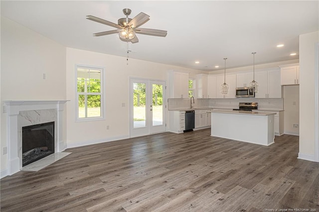 kitchen featuring open floor plan, white cabinetry, stainless steel appliances, and wood finished floors