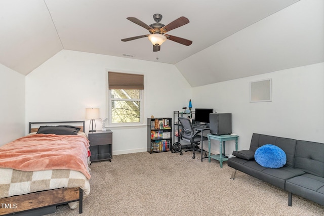 carpeted bedroom with visible vents, baseboards, a ceiling fan, and vaulted ceiling