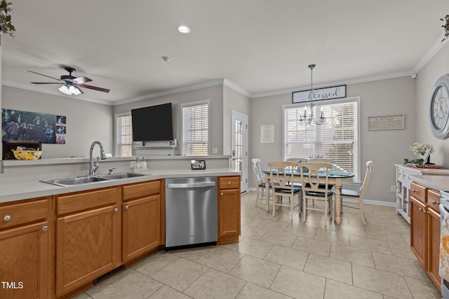 kitchen with stainless steel dishwasher, crown molding, light countertops, and a sink