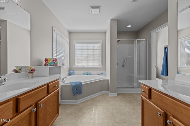 full bathroom with a sink, visible vents, two vanities, and a stall shower