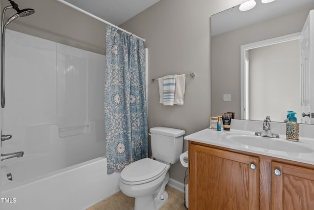 bathroom featuring tile patterned flooring, toilet, vanity, and shower / bathtub combination with curtain