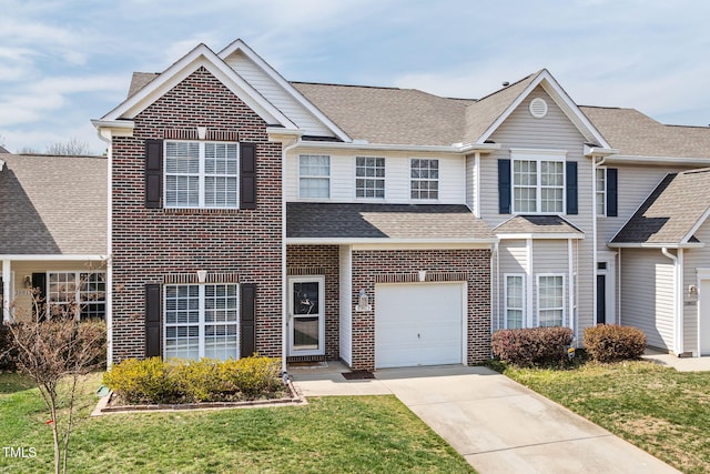 view of front of home with brick siding, concrete driveway, roof with shingles, a front yard, and an attached garage