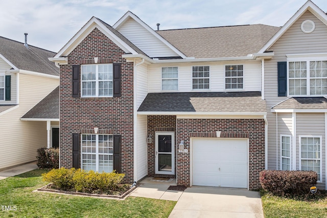 view of front of house with brick siding, an attached garage, driveway, and roof with shingles