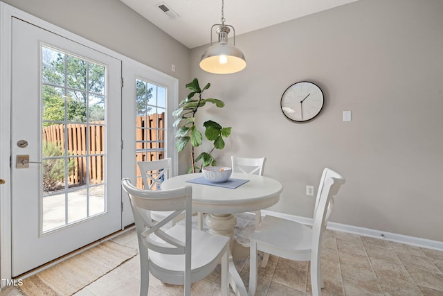 dining room featuring a wealth of natural light, visible vents, and baseboards