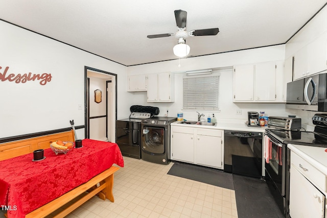 kitchen with stainless steel microwave, range with electric cooktop, dishwasher, washer / dryer, and a sink