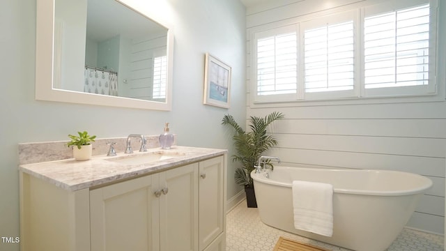 bathroom featuring vanity, a freestanding tub, and a healthy amount of sunlight