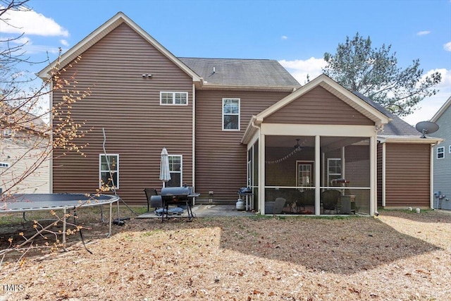 rear view of property with a patio, a trampoline, and a sunroom