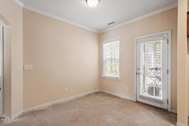 unfurnished room featuring baseboards, arched walkways, visible vents, and ornamental molding