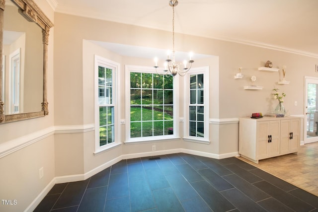 unfurnished dining area featuring a wealth of natural light, baseboards, and ornamental molding