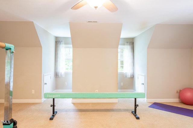 exercise area with visible vents, a healthy amount of sunlight, and carpet flooring