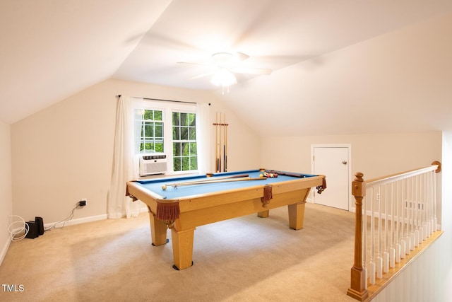 game room with billiards, a ceiling fan, carpet, baseboards, and vaulted ceiling