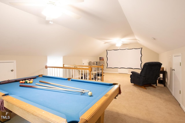 playroom featuring ceiling fan, pool table, carpet, and lofted ceiling