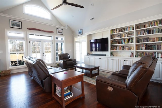 living area featuring visible vents, high vaulted ceiling, dark wood-style flooring, ceiling fan, and french doors