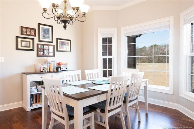 dining area with baseboards, dark wood-type flooring, an inviting chandelier, and ornamental molding