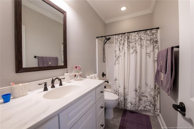 bathroom with tile patterned flooring, toilet, shower / bath combo, ornamental molding, and vanity